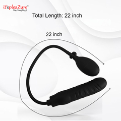 Black silicone product with measurement details on a white background, branded 'it's pleazure'.