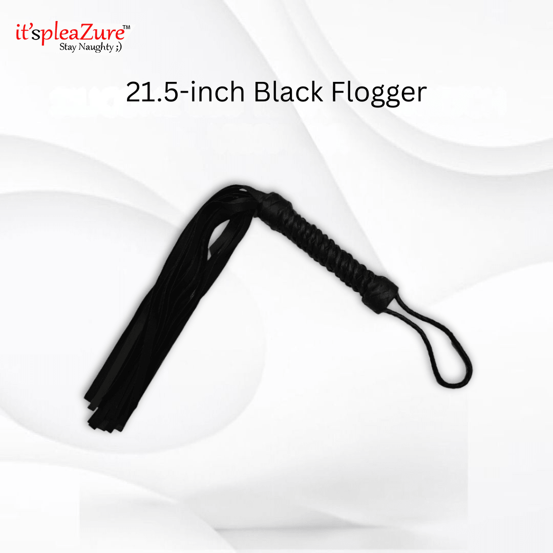 Black flogger with a hook on a white background, branded 'it's pleazure'.