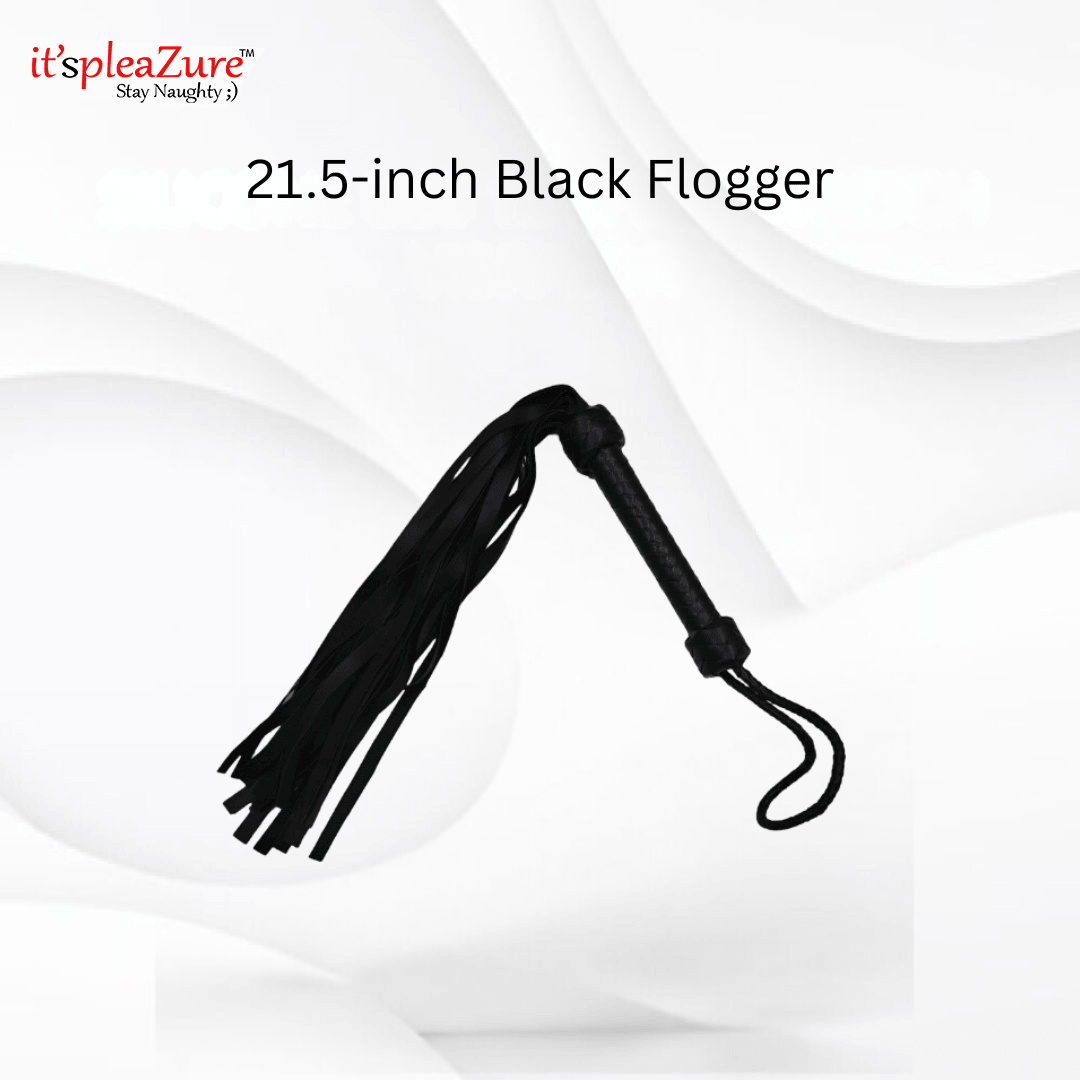 Black flogger with text '21.5-inch Black Flogger' and brand name 'it's pleazure' on a white background