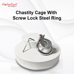 Chastity cage with screw lock steel ring on a white background, branded 'it's pleAZure'.