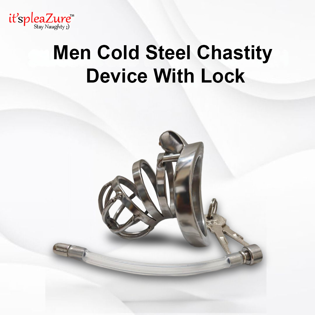 Men's cold steel chastity device with lock on a white background, featuring the 'it's pleazure' brand.