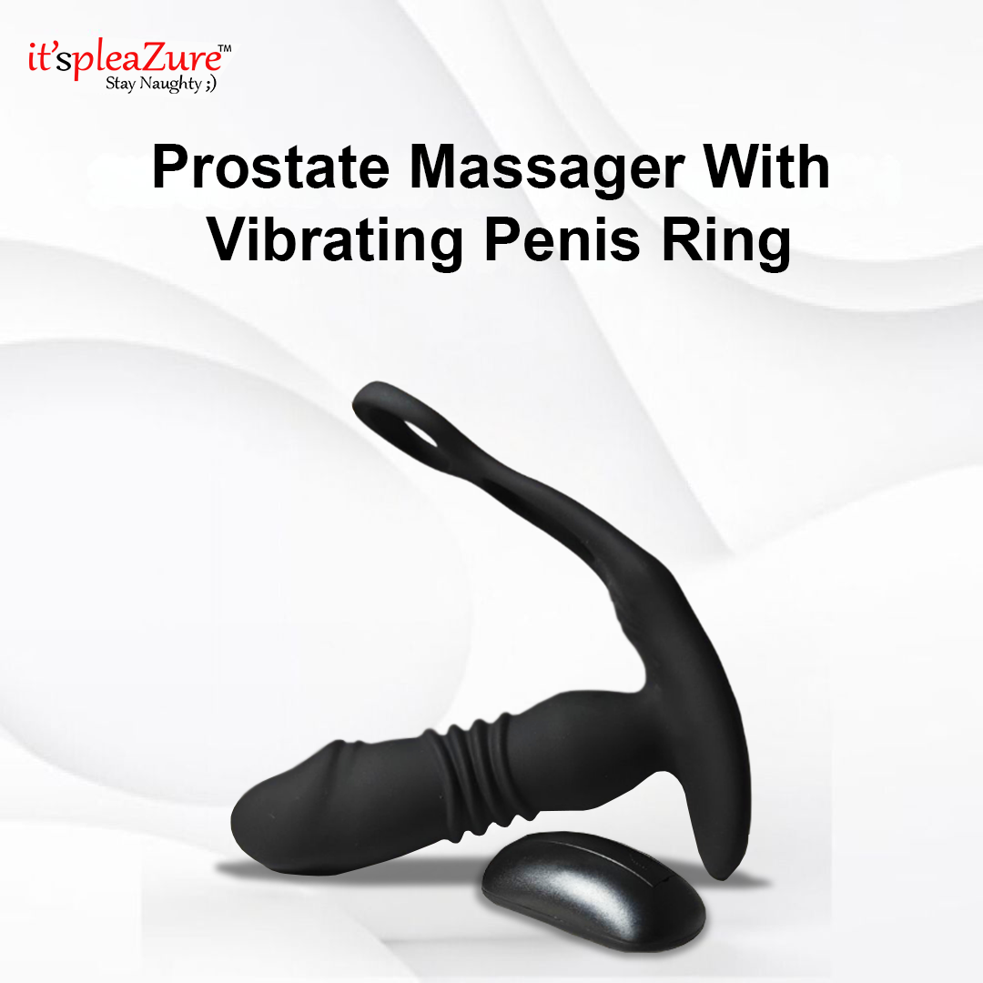 Black prostate massager with vibrating penis ring on a white background, featuring the 'it's pleAZure' brand.