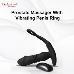 Black prostate massager with vibrating penis ring on a white background, featuring the 'it's pleAZure' brand.