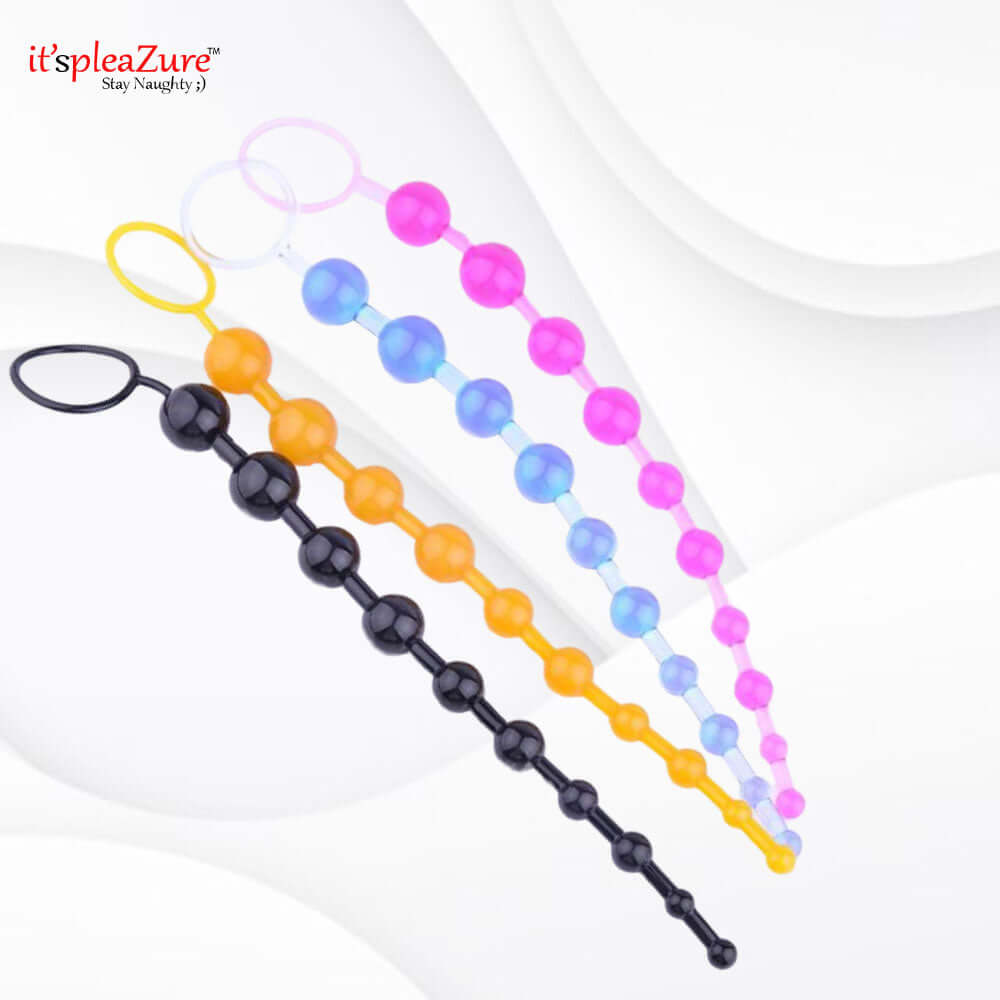 Multi-color anal beads selection showing size progression