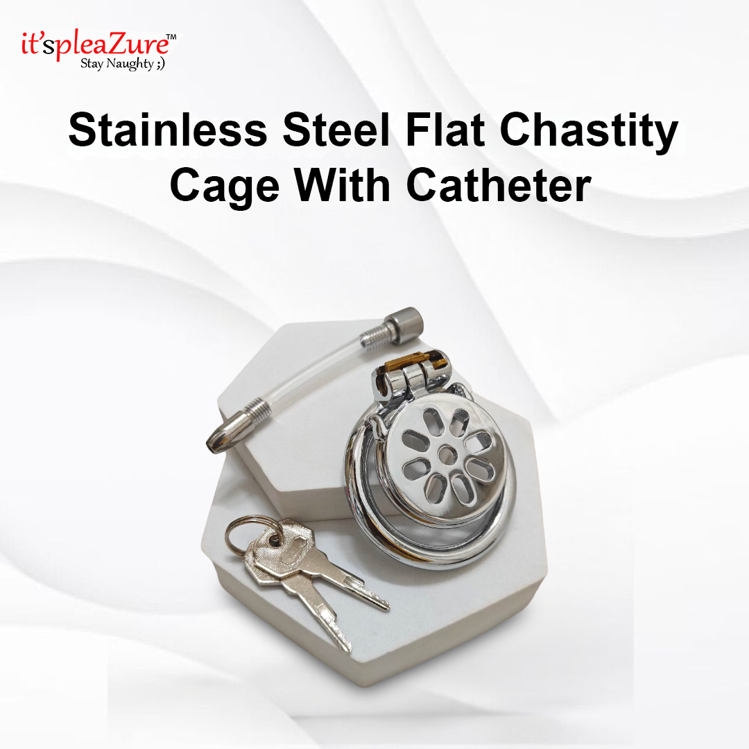 Stainless Steel Flat Chastity Cage with Catheter on a white background, featuring the 'it's pleazure' brand.