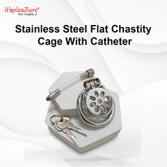 Stainless Steel Flat Chastity Cage with Catheter on a white background, featuring the 'it's pleazure' brand.