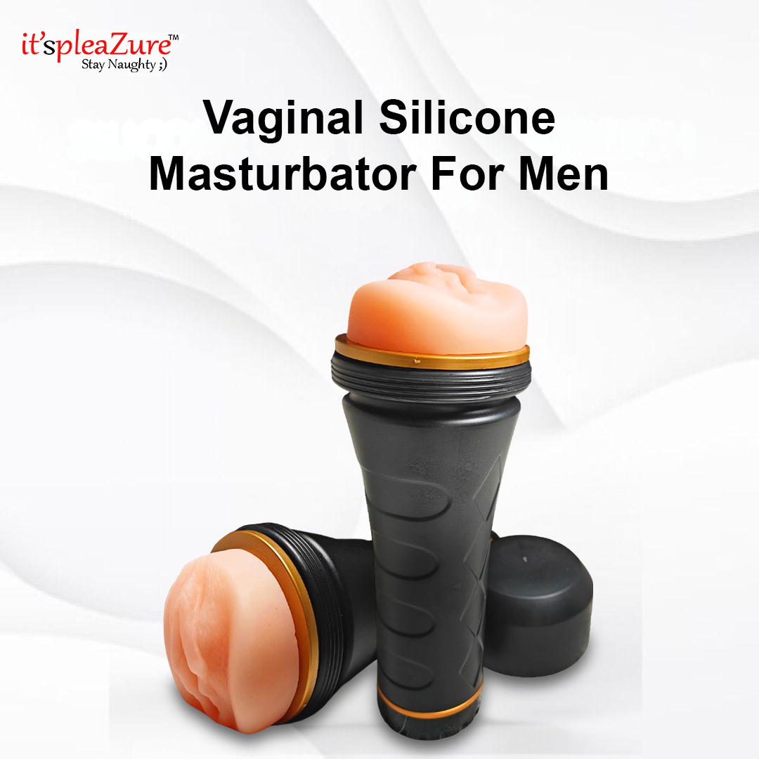 Vaginal silicone masturbator for men with 'it's pleazure' branding on a white background