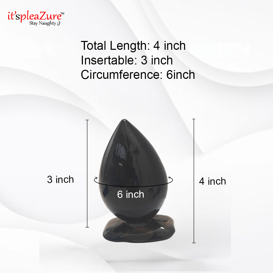 Black drop-shaped product with measurements on a white background, featuring 'it's pleAZure' branding.