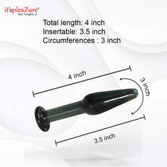 Green and black cylindrical product with measurements on a white background