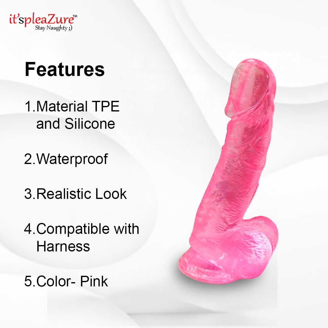 Pink TPE and silicone product with features listed on a white background