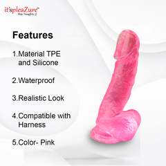 Pink TPE and silicone product with features listed on a white background