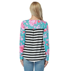 Itspleazure's Blue Floral & Stripes Print Full Sleeve women's Top