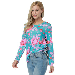Itspleazure's Blue Floral & Stripes Print Full Sleeve women's Top