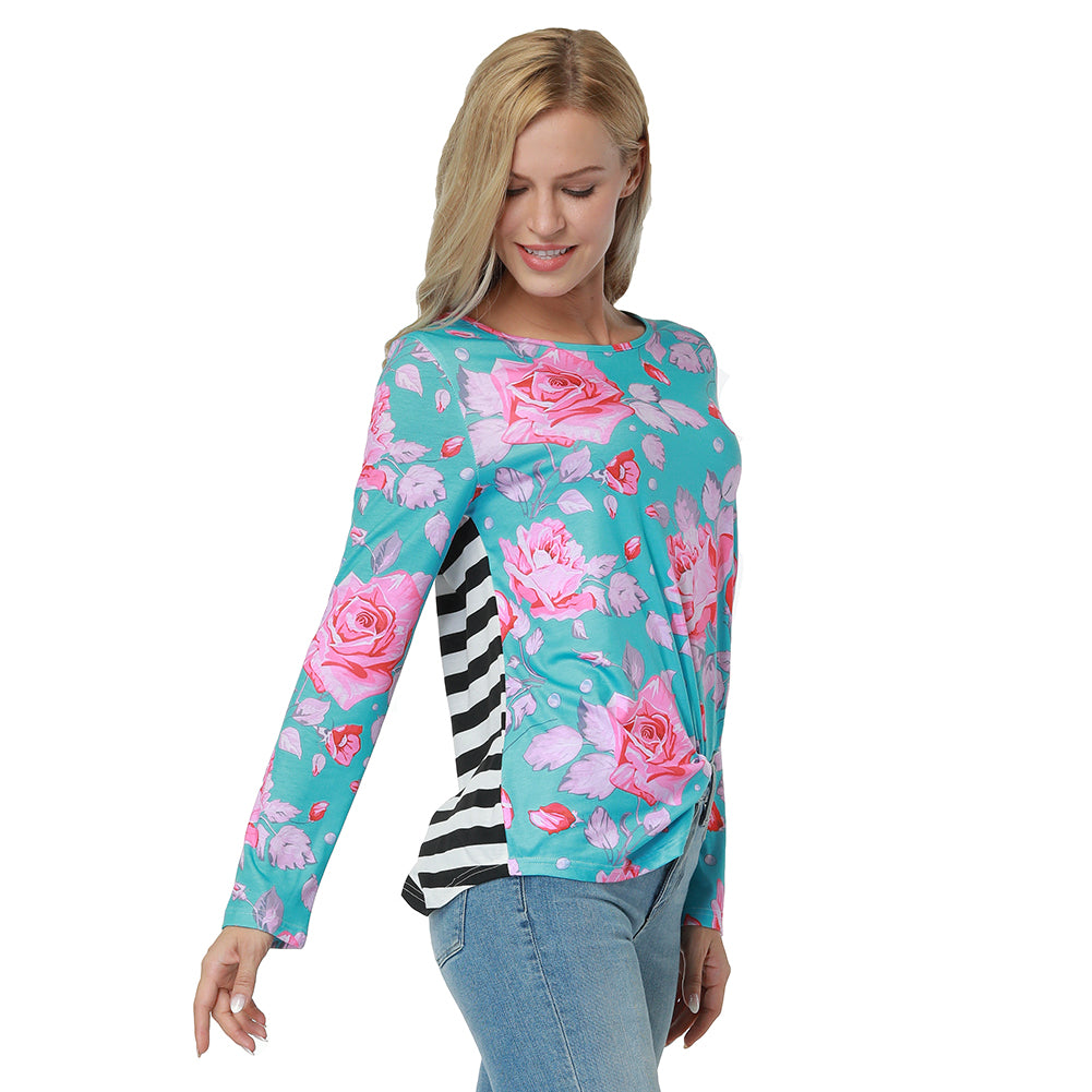 Itspleazure's Blue Floral & Stripes Print Full Sleeve women's Top