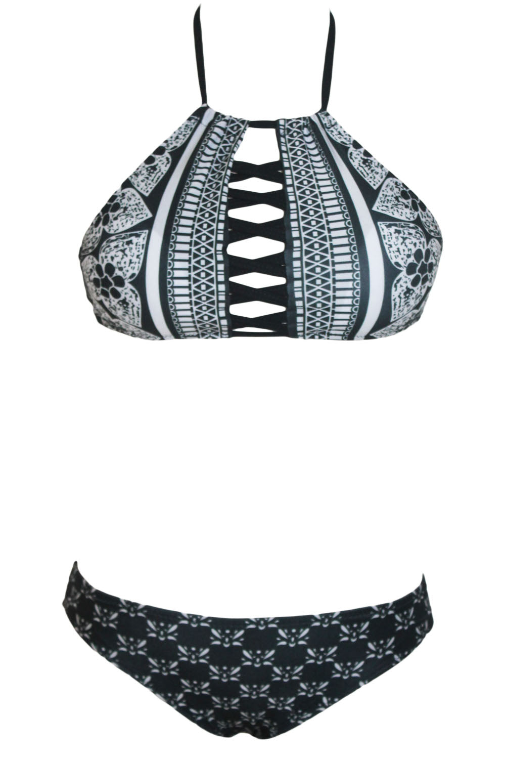 ItspleaZure Black and White Printed Halter Neck Bikini for Women