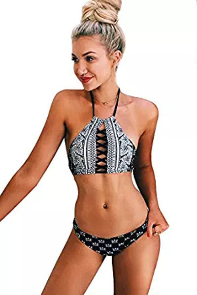 ItspleaZure Black and White Printed Halter Neck Bikini for Women