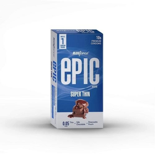 Packaging of Manforce Epic Desire Chocolate Condom, showing a blue and white box with the brand name and 'Super Thin' descriptor.