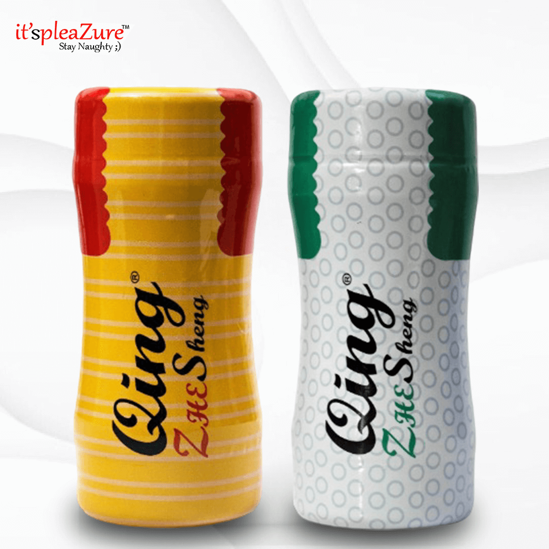 Two small containers with different designs and text on a white background