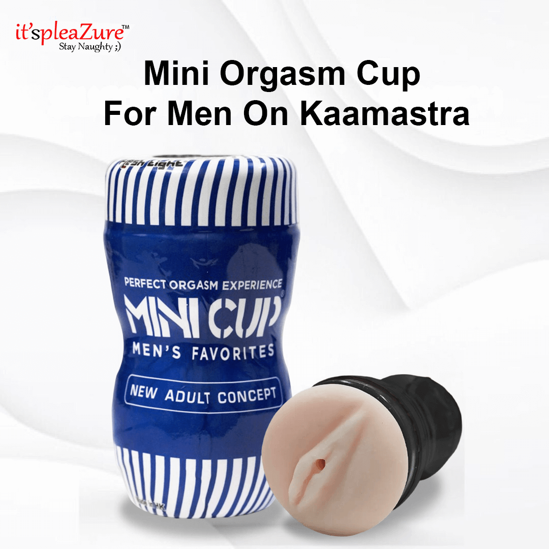 Blue and white striped 'Mini Cup' with text on a white background