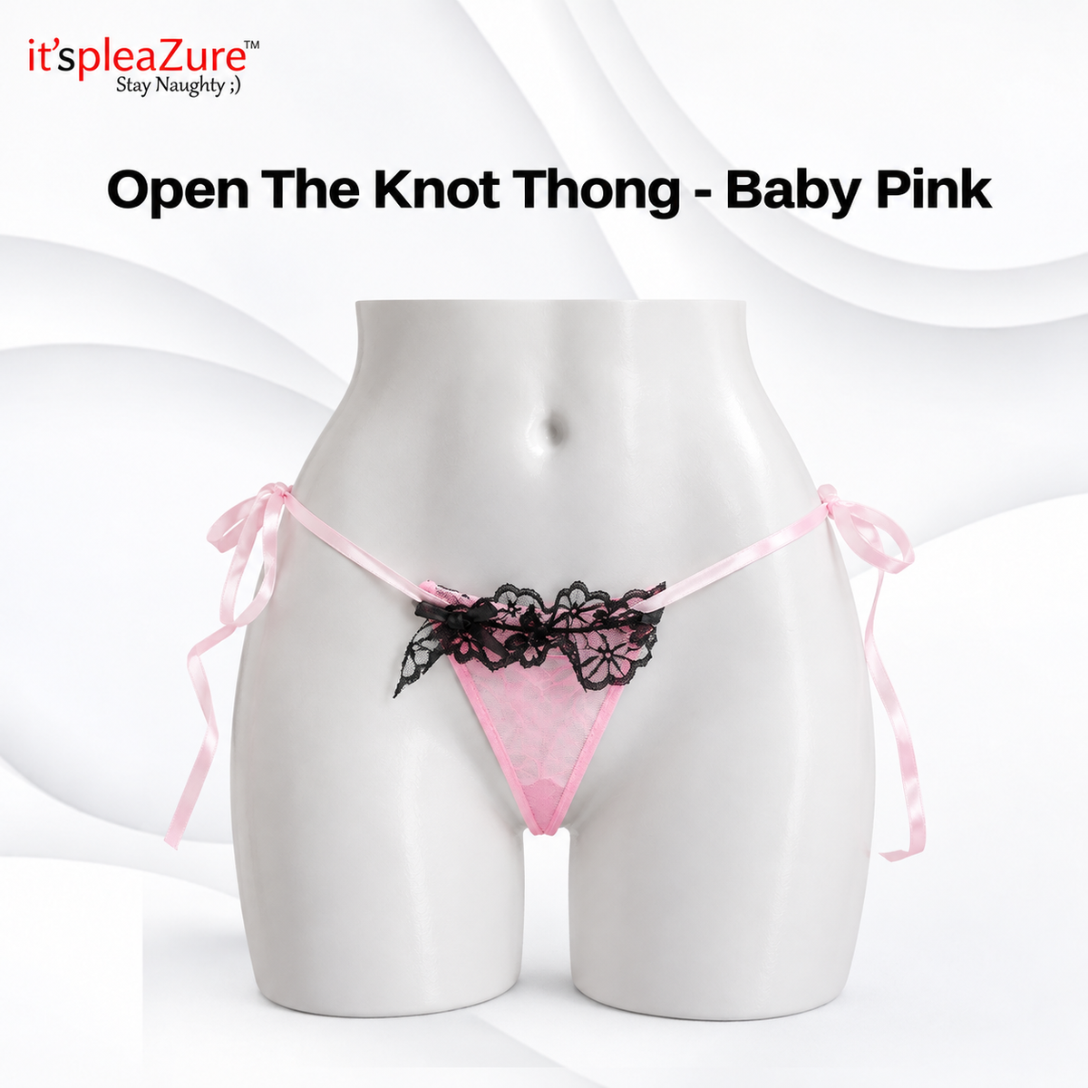 ItspleaZure Baby Pink Satin Tie-Side Thong with Black Lace – Free Size