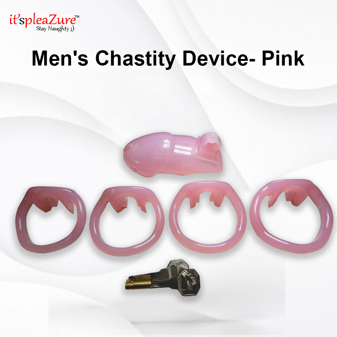 Pink men's chastity device with key on a white background, featuring 'it's pleazure' branding.