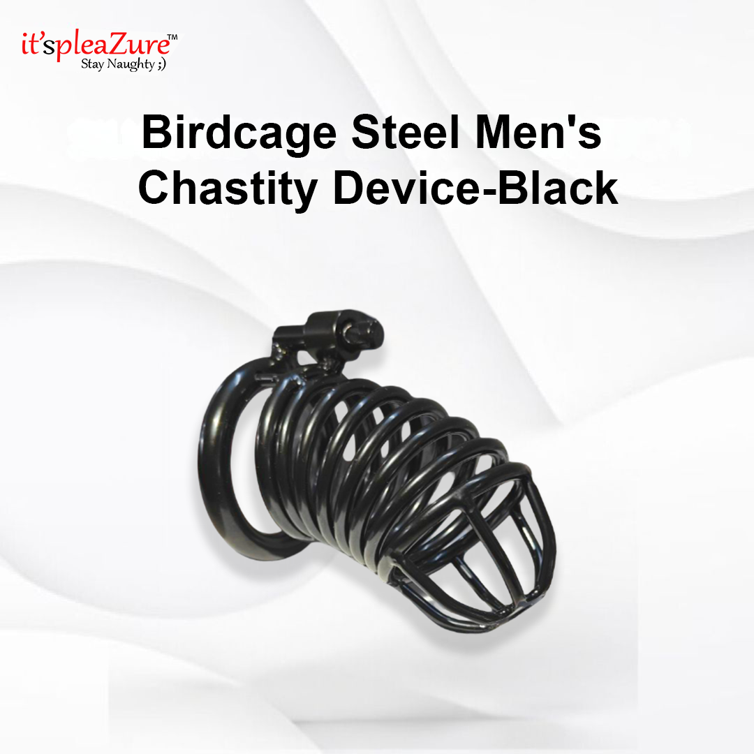 Black chastity device on a white background with 'it's pleazure' branding.