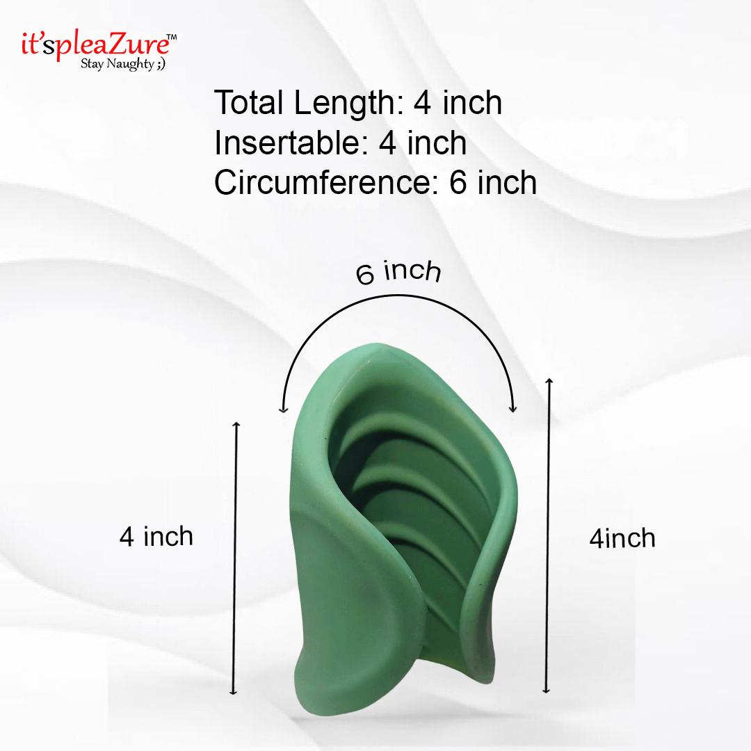 Green silicone product with measurements on a white background
