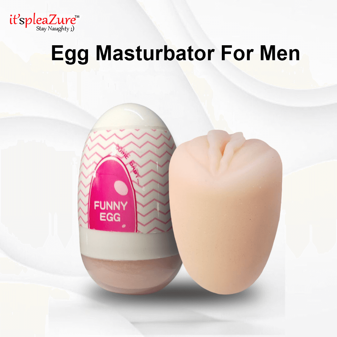 Egg-shaped masturbator with packaging labeled 'Funny Egg' on a white background, featuring the brand 'it's pleazure'.