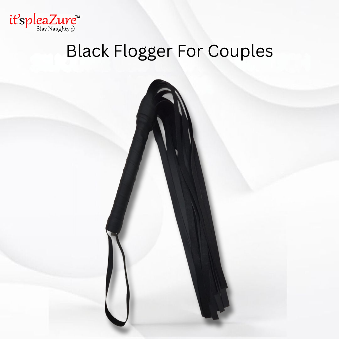 it'spleaZure Stay Naughty black flogger for couples, shown with multiple falls and a handle
