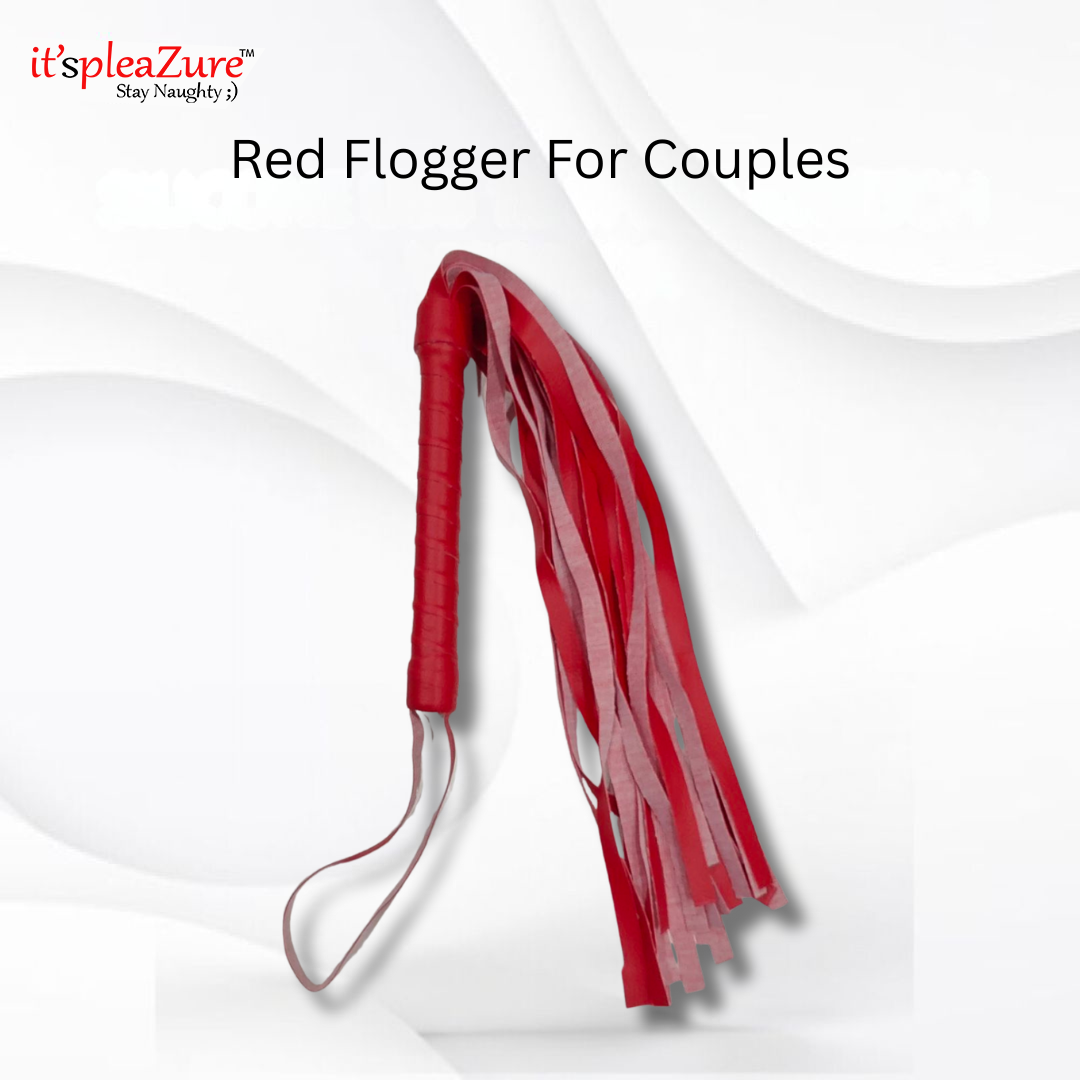 it'spleaZure Stay Naughty red flogger for couples, displayed to show the falls and handle