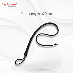 Black leather whip with total length of 170 cm on a white background, branded 'it's pleazure'.