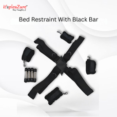 Black bed restraint set with black bar on a white background, featuring 'it'spleaZure' branding.
