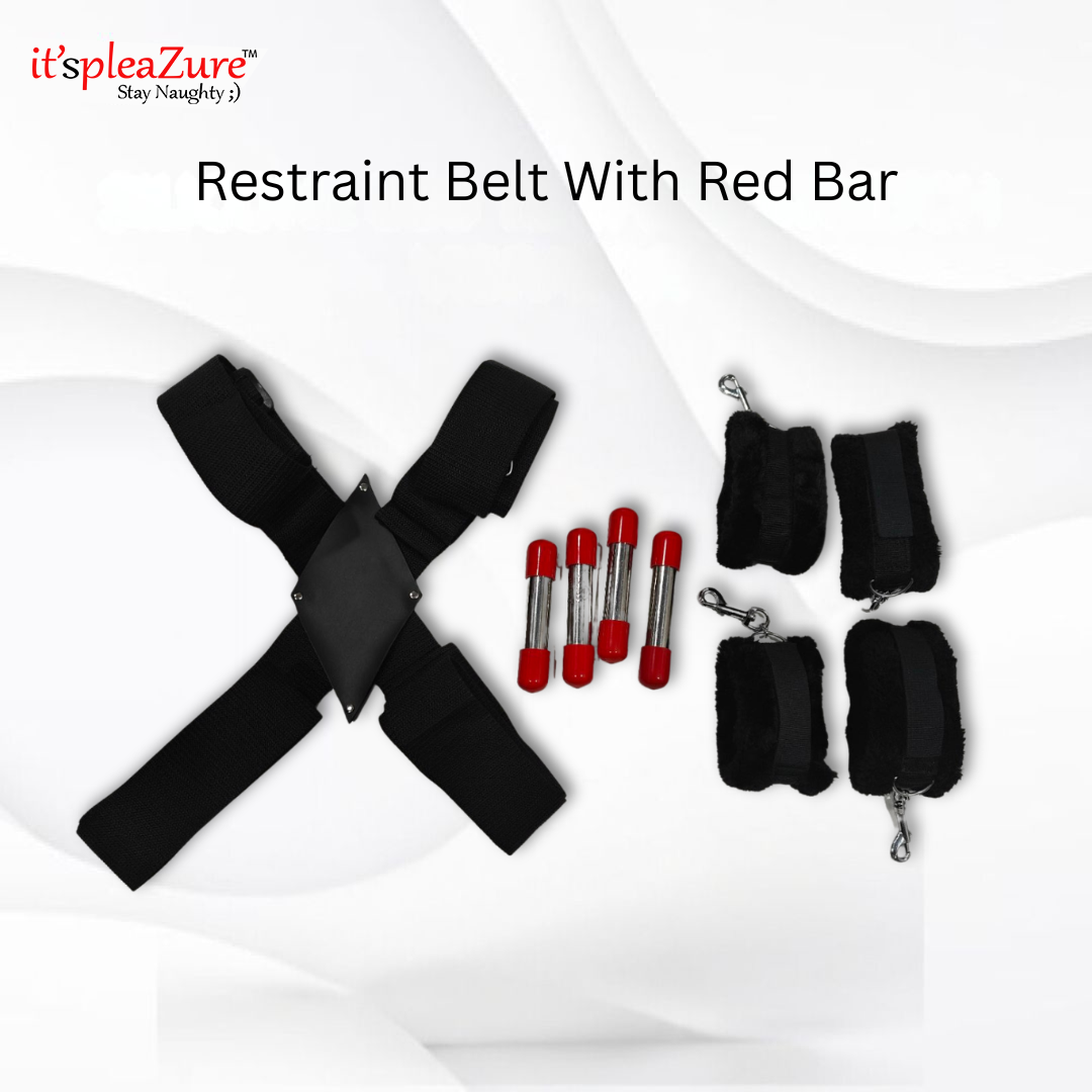 Restraint belt with red bar and accessories on a white background