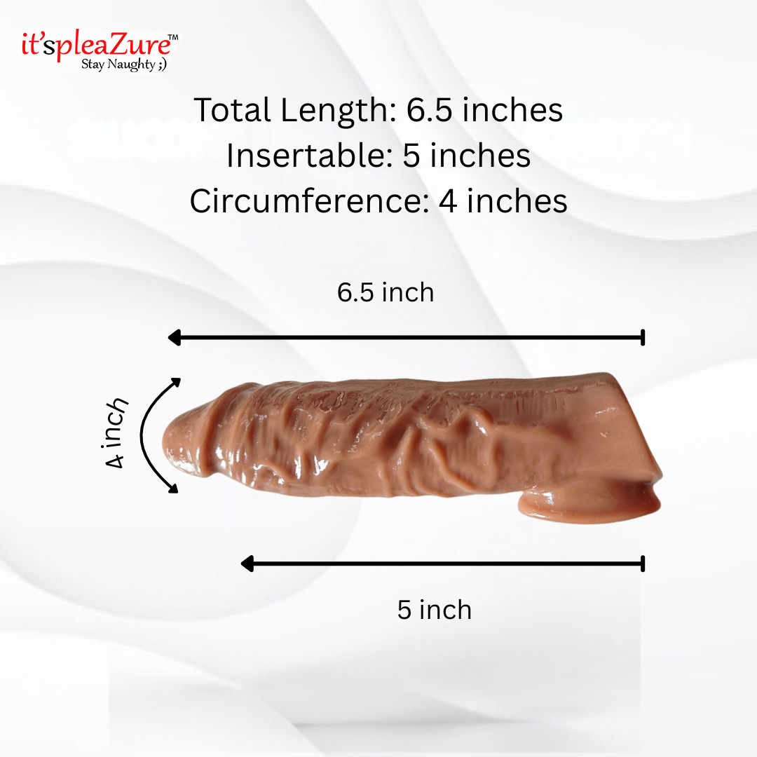 it'spleaZure brown silicone penis extending sleeve showing dimensions: 6.5 inches total length, 5 inches insertable