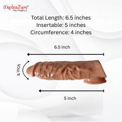 it'spleaZure brown silicone penis extending sleeve showing dimensions: 6.5 inches total length, 5 inches insertable