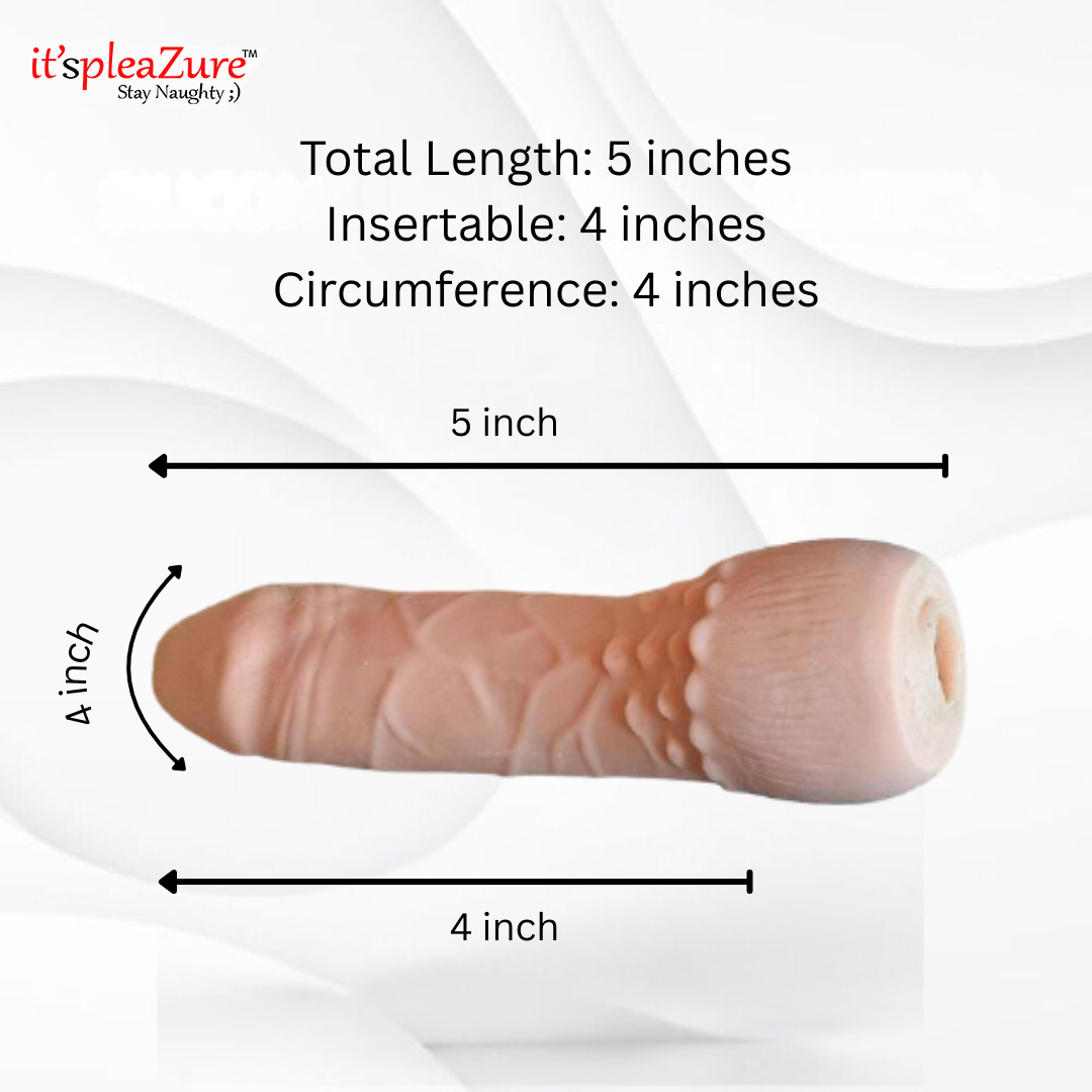 Dimension diagram for the longer, penetrative end of the it'spleaZure double-ended strap-on dildo