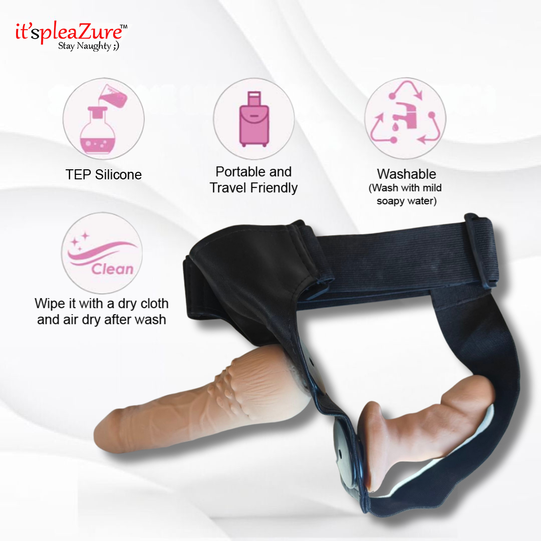 Infographic for it'spleaZure dildo features: TEP Silicone, portable, washable, and cleaning instructions