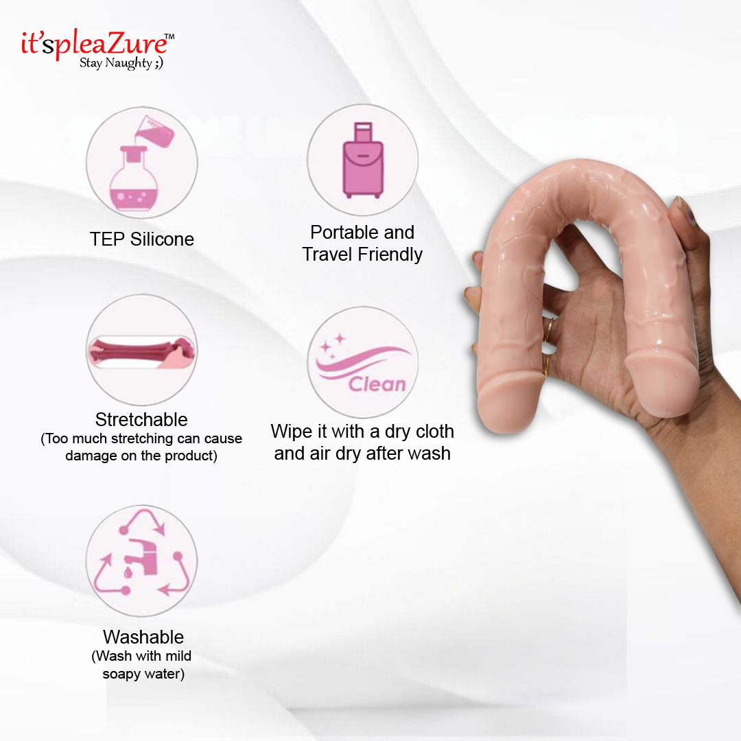 Hand holding a silicone product with features listed on a white background
