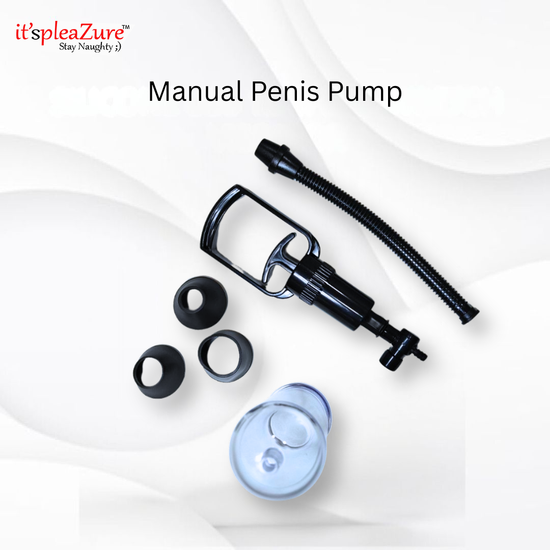 Manual penis pump with accessories on a white background, featuring the 'it's pleazure' brand.