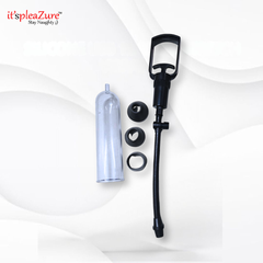 Sex toy parts including a black pump, clear container, and black hose on a white background with 'it's pleazure' branding.