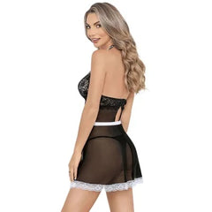 ItspleaZure Black Floral Mesh Babydoll Maid Costume