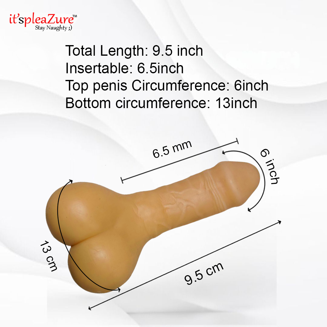 Dimensions of it'spleaZure anal dildo stroker: 9.5-inch length, 6.5-inch insertable