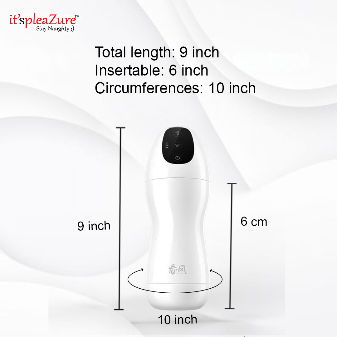 Tryfun Soul Series Automatic Masturbator dimensions: 9-inch total length, 6-inch insertable, 10-inch circumference