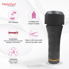 Black silicone product with features listed on a white background