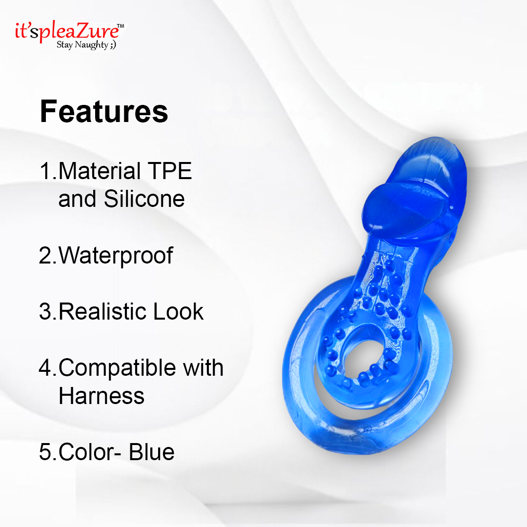 Blue silicone product with features listed on a white background