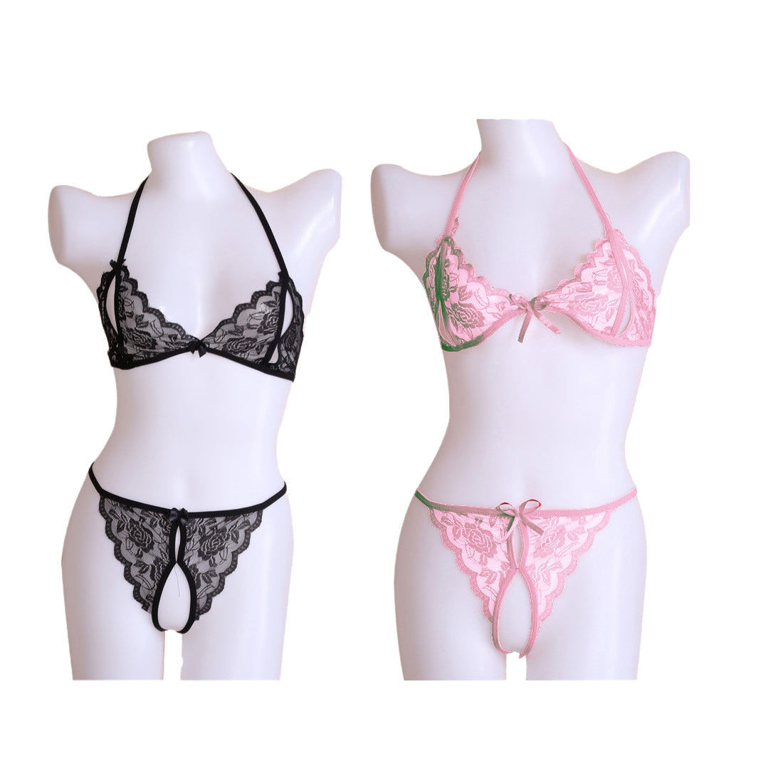 ItspleaZure Lace Open Bra Crotchless Thong Bikini Set - Black & Pink