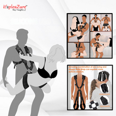 Sexual harness product with user guide and illustrations on a white background