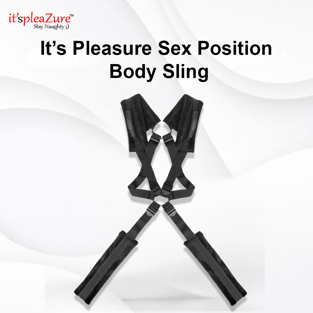Black body sling with 'it's pleaZure' branding on a white background