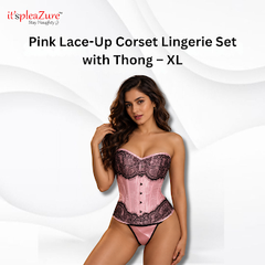 ItspleaZure Pink Lace Corset Bustier Lingerie Set with Thong – XL
