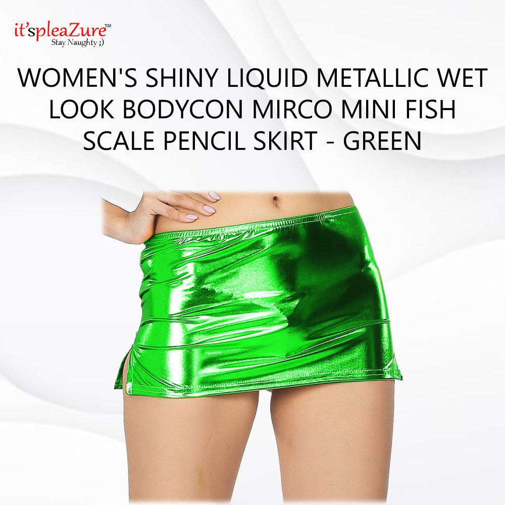 Advertisement image of a green metallic wet look bodycon mini fish scale skirt worn by a woman. The text emphasizes the product's attributes such as being a women's skirt, having a shiny liquid metallic wet look, and being a mini fish scale skirt.